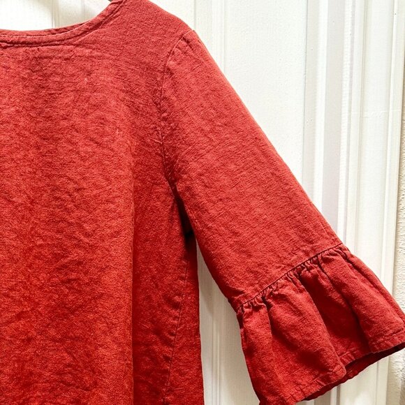 Bryn Walker Women's 100% Linen Tunic Top  Size S Red Ruffle Sleeves Hi Low Boho - Picture 5 of 13